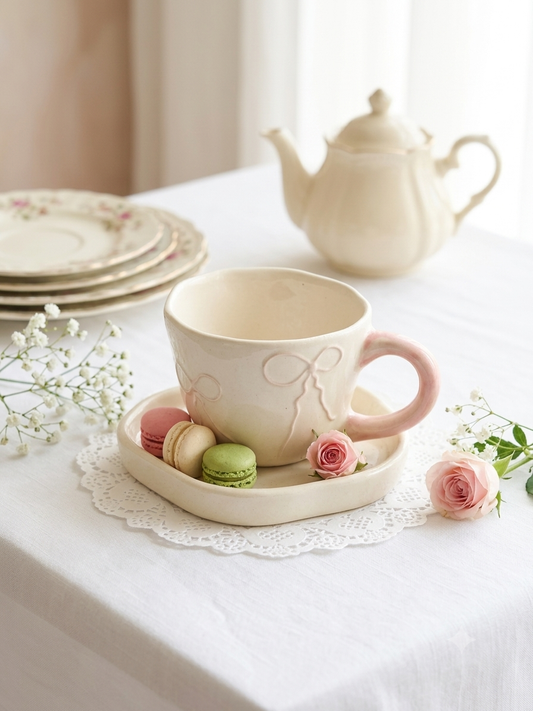 Bow-Embossed Teacup & Saucer
